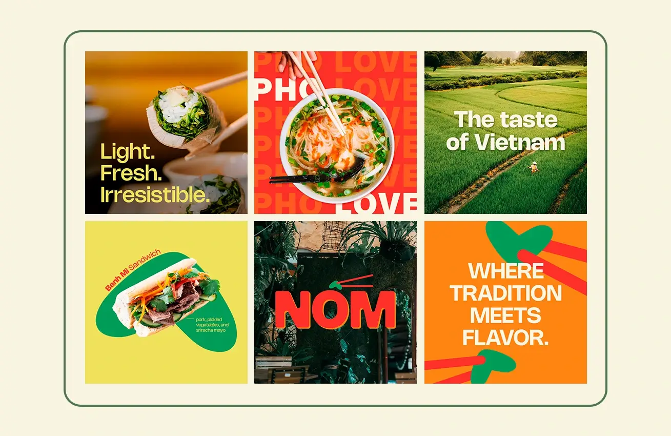 Design de feed para redes sociais do restaurante vietnamita Nôm, com imagens consistentes e visual impactante