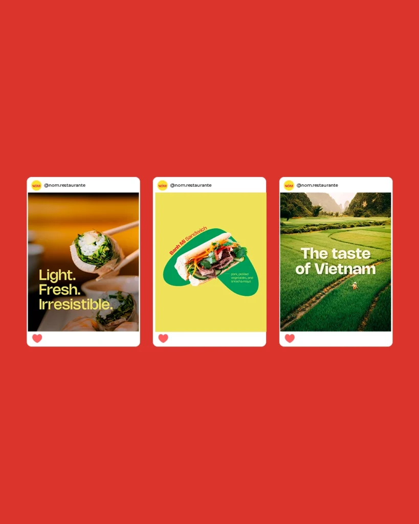 Design de posts para redes sociais do restaurante vietnamita Nôm, com imagens consistentes e visual impactante