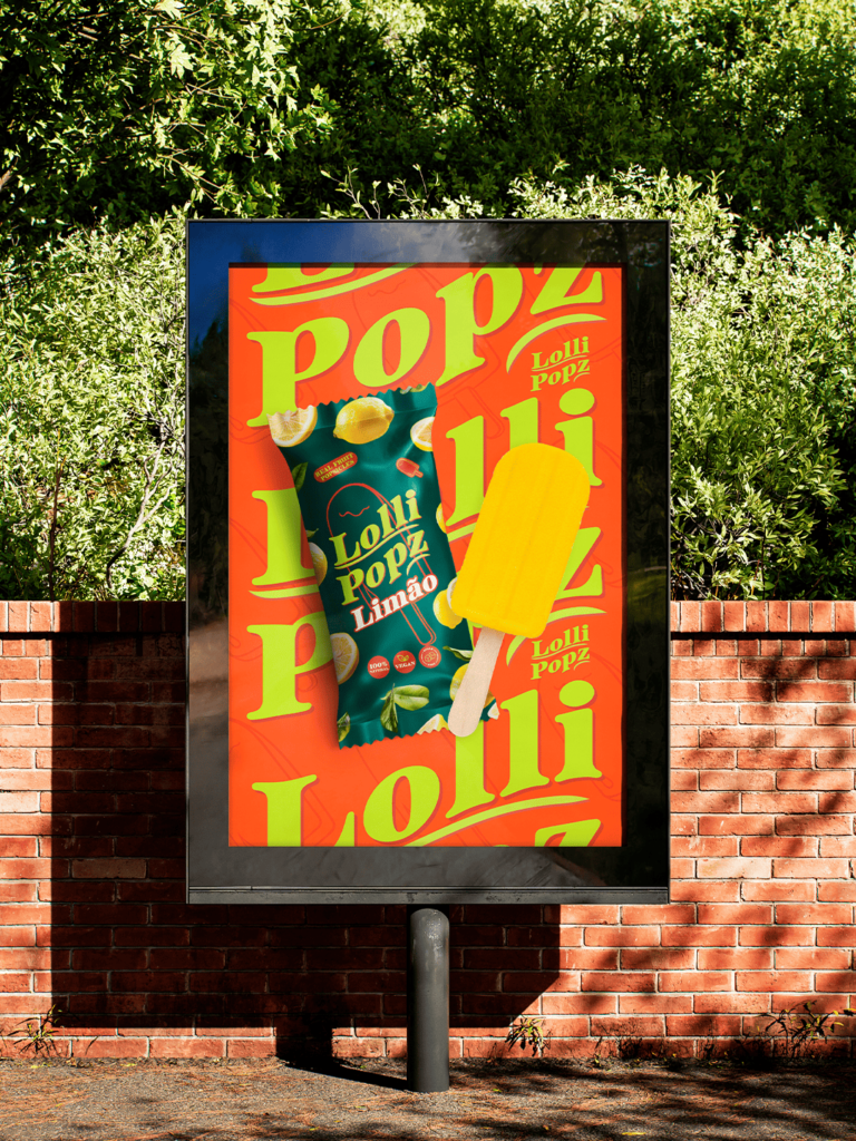Mupi publicitário para a marca de gelados Lollipopz, com design gráfico colorido e atrativo