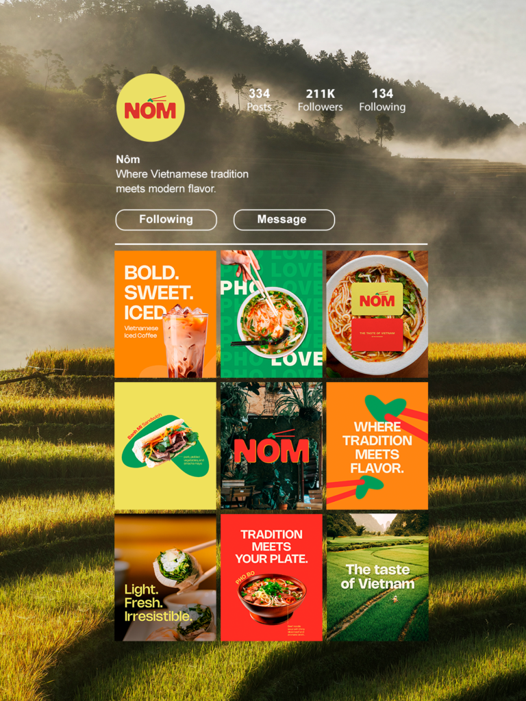 Design de feed para redes sociais do restaurante vietnamita Nôm, com imagens consistentes e visual impactante